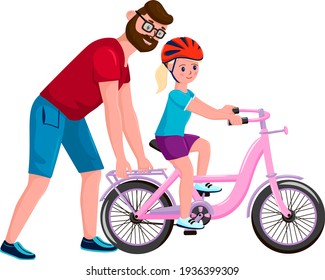 Dad Teaches Daughter To Ride A Bike. Helmet. Colorful. Driving Training. Cartoon Style. Vector Illustration