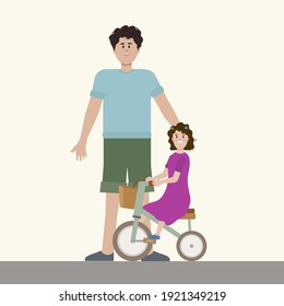 Dad teaches his daughter to ride a bike. Illustration of a parent teaching a child. Vector picture of a girl on a bicycle. Vector illustration