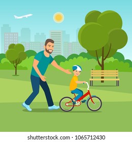 Dad teaches his son to ride a bicycle in the park. Vector flat style illustration