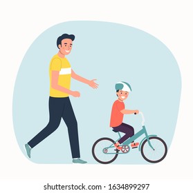 Dad teaches his son to ride a bicycle isolated. Vector flat style illustration