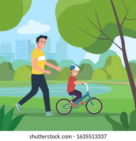 Dad teaches his son to ride a bicycle in the park. Vector flat style illustration