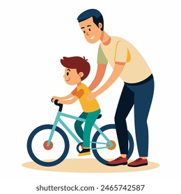 Papá le enseña a su hijo a andar en bicicleta. Arte conceptual del Día del Padre. Ilustración vectorial plana en estilo caricatura.