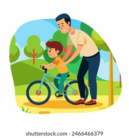 Papá le enseña a su hijo a andar en bicicleta en el parque. Arte conceptual para el Día del Padre. Ilustración vectorial plana en estilo de dibujos animados.