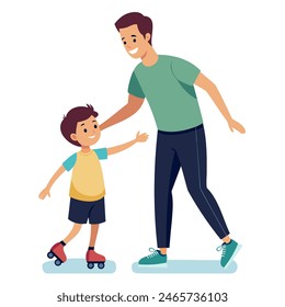 Papá le enseña a su hijo a patinar. Arte conceptual para el Día del Padre. Ilustración vectorial plana en estilo de dibujos animados.