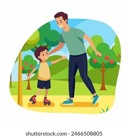 Papá le enseña a su hijo a patinar en el parque. Arte conceptual para el Día del Padre. Ilustración vectorial plana en estilo de dibujos animados.