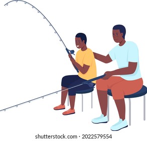 Dad teaches son fishing semi flat color vector characters. Full body people on white. Outdoor family-friendly activity isolated modern cartoon style illustration for graphic design and animation