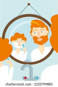 dad teaches son to shave in front of a round mirror