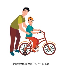 Dad teaches you to ride a bike. Vector illustration