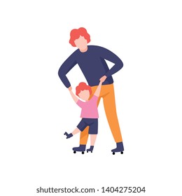 Dad Teaching Daughter to Skate on Rollers, Father Having Good Time with His Kid Vector Illustration