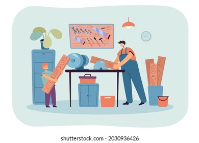 Dad teaching his son carpentry. Flat vector illustration. Cartoon man and boy sawing wooden planks in garage interior full of tools. DIY, workshop, family, carpentry, repair concept for banner design