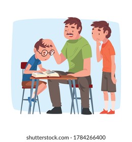 Dad Teaching his Sons, Parent Helping Children with Homework and Explaining Lesson in Textbook, Home Schooling Cartoon Vector Illustration