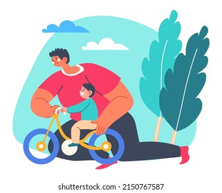 Dad teaching son to ride bicycle, isolated man and kid on bike holding balance. Family leisure and vacation, weekends recreation and fun outdoors. Parenthood and childhood. Vector in flat style