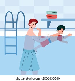 Dad teaching to son swimming in the pool. Happy father support and training child on water. Family activity on leisure or weekend. Flat cartoon vector illustration.