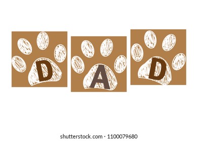 DAD text with paw prints. Happy Father's Day brown colored greeting card