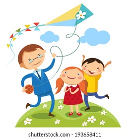 Dad with their children outdoors kites. Illustration for father's day