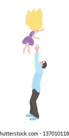  dad throws up his daughter. A man with a little girl. Flat vector illustration.