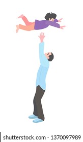  dad throws up his son. A man with a little boy. Flat vector illustration.