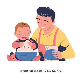 Dad with Toddler Cooking at Home Making Dough in Bowl Standing at Table Vector Illustration