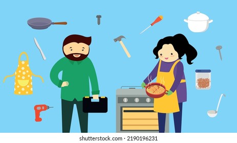 Papá con herramientas y mamá con comida cocida