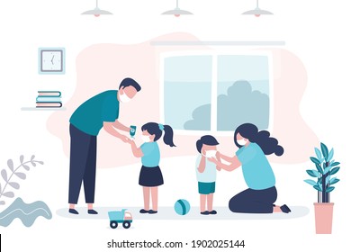 Dad treats daughter's hands with antiseptic. Mom puts protective mask on son. Parents care about health of children during Covid-19 pandemic. Protection against bacteria, viruses. Vector illustration