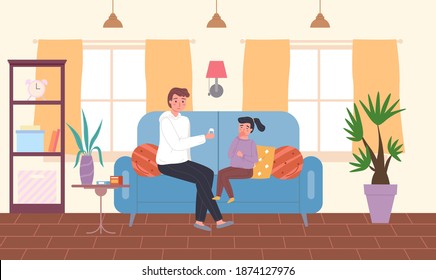 Dad treats a little child. Girl takes pills in the apartment. Sick people spend time at home. Female character having a cold and sitting on the sofa. Kid is being treated for flu with special pills