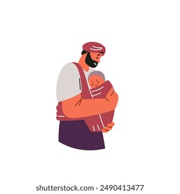 Dad in a turban and a child in a carrier. The vector illustration is ideal for family design, emphasizing safety and mobility with a baby in a sling. Flat graphic, isolated side view.