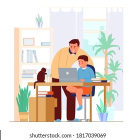 Dad Or Tutor Teaching Son At Home. Homeschooling Concept. Working Place Interior. Flat Vector Illustration.