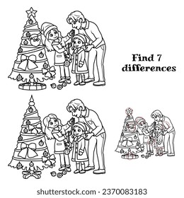 Dad and two daughters decorate the Christmas tree. Find 7 differences. Tasks for children. vector illustration