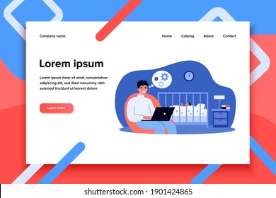 Dad using laptop while watching sleeping baby in crib. Working at night, father, distance job flat vector illustration. Parenthood, fatherhood concept for banner, website design or landing web page