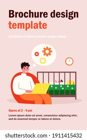 Dad using laptop while watching sleeping baby in crib. Working at night, father, distance job flat vector illustration. Parenthood, fatherhood concept for banner, website design or landing web page