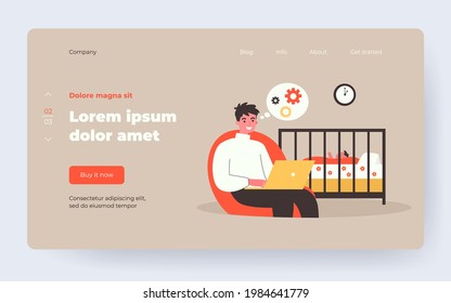 Dad using laptop while watching sleeping baby in crib. Working at night, father, distance job flat vector illustration. Parenthood, fatherhood concept for banner, website design or landing web page