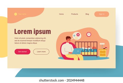 Dad using laptop while watching sleeping baby in crib. Working at night, father, distance job flat vector illustration. Parenthood, fatherhood concept for banner, website design or landing web page