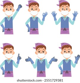 Pai em várias poses usando uma máscara e roupas de limpeza
