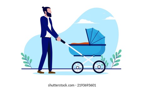 Dad walking with baby pram - Vector illustration of father with paternity leave out on a walk with stroller in flat design with white background