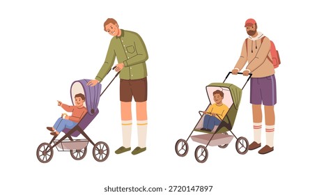 Papai andando com uma criança sentada em carrinho de bebê. Vetor em estilo plano, personagem masculino isolado paternidade. Parentalidade e cuidado de crianças. Passear com bebê ou criança em carrinho ou charrete