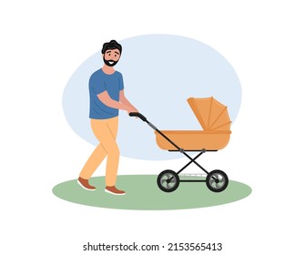 Dad Walks With Baby Stroller In Summer. Father Pushing Pram For Newborn. Young Man Walking With Little Child. Flat Vector Illustration.