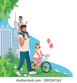 Dad walks with children in the city park. The daughter rides a bike, and the son sits on his father's shoulders. Father's day. Background vector illustration.