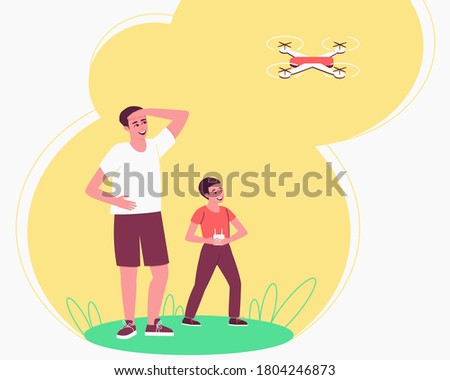 Dad is watching Child playing drone remote for lifestyle design. Family pastime. Happy boy playing by quadcopter. The drone takes off into the sky. Flat vector illustration.