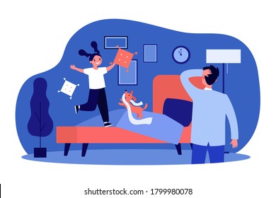 Dad Watching Little Daughter And Pet Having Fun In Bedroom. Happy Kid And Dog Jumping On Bed Flat Vector Illustration. Childhood, Bedtime Concept For Banner, Website Design Or Landing Web Page