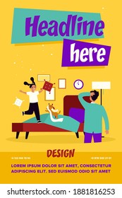 Dad Watching Little Daughter And Pet Having Fun In Bedroom. Happy Kid And Dog Jumping On Bed Flat Vector Illustration. Childhood, Bedtime Concept For Banner, Website Design Or Landing Web Page