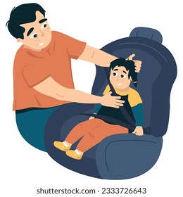 Dad wearing orange t shirt securing baby in the car seat. Young dad fastening baby in car seat. Father fastening daughter into car seat preparing for a trip. Dad helping daughter on seat belt.