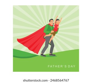 Dad is wearing a superhero costume. Playing with his daughter. Father's Day concept. Flat vector illustration.
