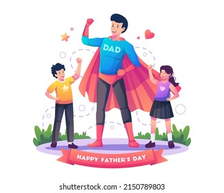 Dad Wearing A Superhero Costume Stands Showing Hand Muscle With His Son And Daughter. Father Is A Hero For His Children And Father's Day Concept. Flat Style Vector Illustration