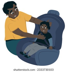 Dad wearing yellow t shirt securing baby in the car seat. Young dad fastening baby in car seat. Father fastening son into car seat preparing for a trip. Dad helping son on seat belt. 