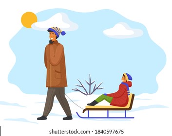 Dad Wears Warm Brown Jacket, Striped Knitted Hat Rides His Daughter In Red Down Jacket, Scarf, Hat, On Sled. Snow Plain, Bare Icy Bush. Frosty Sunny Winter Weather. Family Walk In Winter. Flat Image