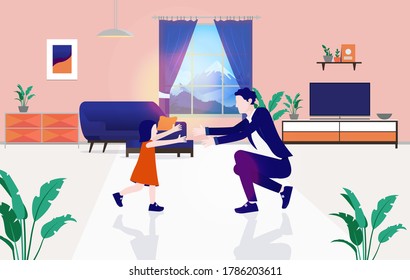 Dad welcomed by daughter at home - Little girl running in to her fathers arms when he arrives home. Fatherhood happiness and love concept. Vector illustration.