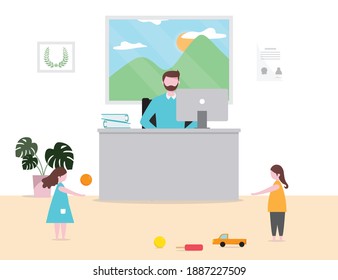 Dad working from home with children playing naughty,work at home,coronavirus covid-19 concept, vector illustration flat style