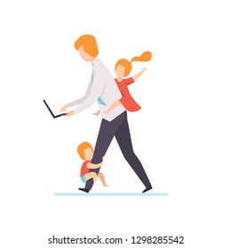 Dad Working on Laptop Computer While Kids Playinh with Him, Freelancer, Parent Working with Children, Business Father Vector Illustration