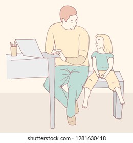 Dad Works And Sits With The Child. Illustration Of The Concept Of Life And Work Balance. Hand Drawn Style Vector Design Illustrations.