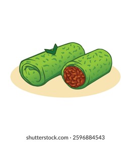 Dadar Gulung is a popular Indonesian traditional pancake filled with grated coconut mixed with palm sugar. The skin of the pancake usually has a green color, which is acquired from daun suji or pandan
